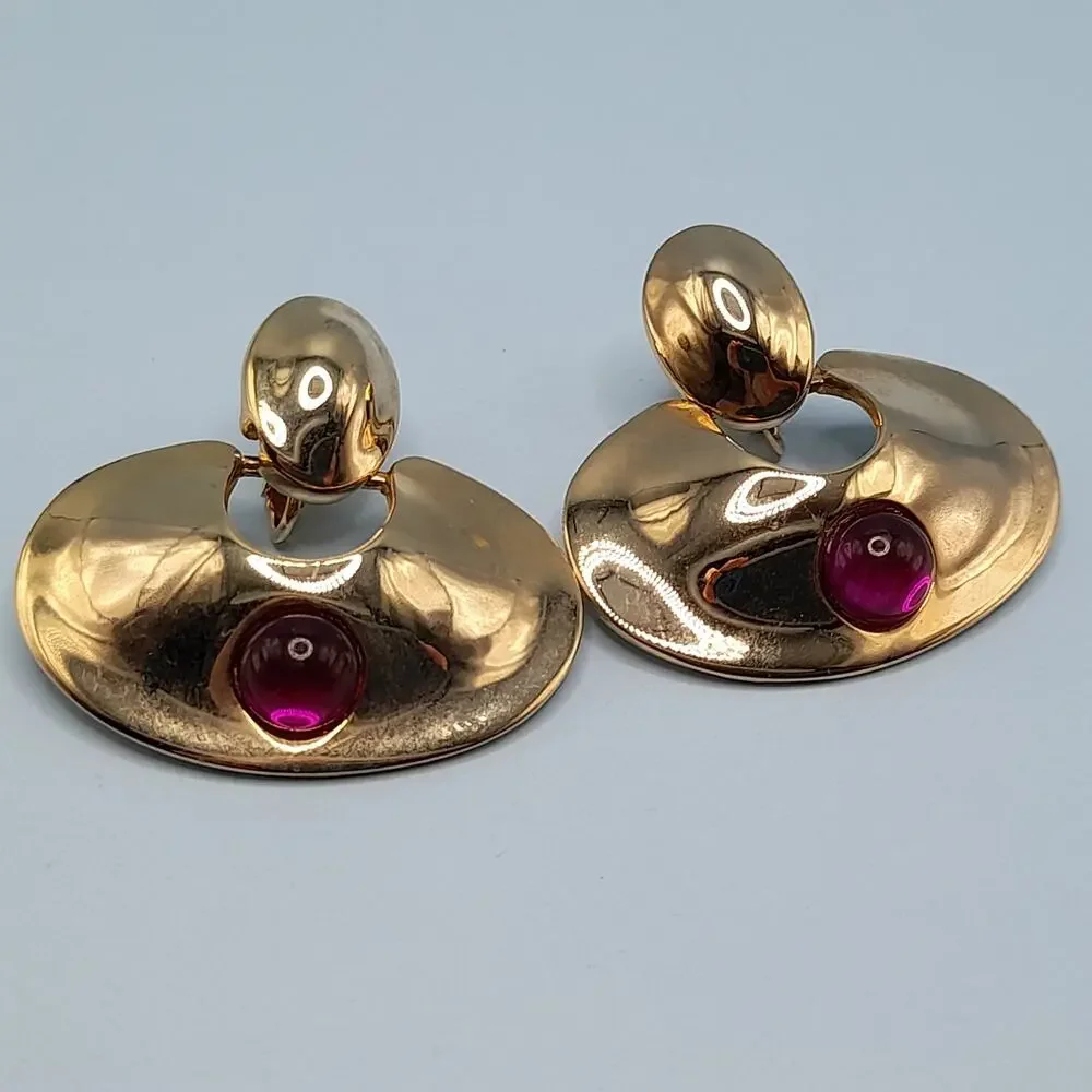 Vintage Chunky Dangle Clip Earrings, Purple Cabochons, Gold Tone, 1980s